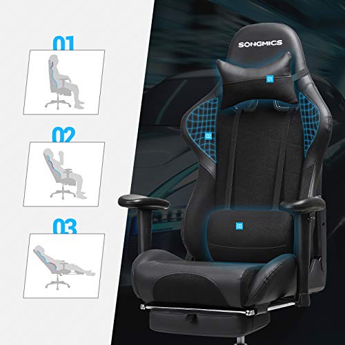 SONGMICS Silla Gaming con Reposapiés, Silla Ergonómica Racing, Capacidad de 150 kg, con Reposacabezas, Cojín Lumbar, Respaldo Alto, Cuero Sintético, Malla Transpirable, Negro RCG52BK