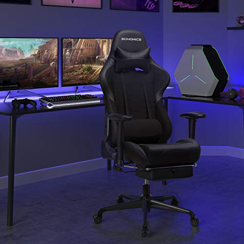 SONGMICS Silla Gaming con Reposapiés, Silla Ergonómica Racing, Capacidad de 150 kg, con Reposacabezas, Cojín Lumbar, Respaldo Alto, Cuero Sintético, Malla Transpirable, Negro RCG52BK