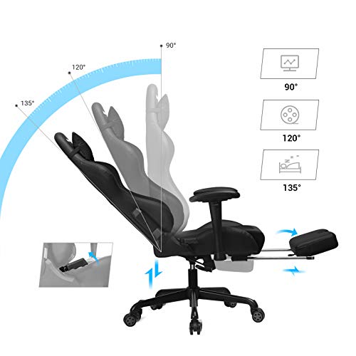 SONGMICS Silla Gaming con Reposapiés, Silla Ergonómica Racing, Capacidad de 150 kg, con Reposacabezas, Cojín Lumbar, Respaldo Alto, Cuero Sintético, Malla Transpirable, Negro RCG52BK