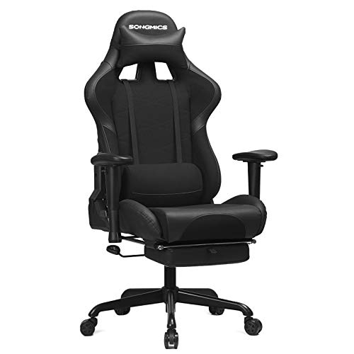 SONGMICS Silla Gaming con Reposapiés, Silla Ergonómica Racing, Capacidad de 150 kg, con Reposacabezas, Cojín Lumbar, Respaldo Alto, Cuero Sintético, Malla Transpirable, Negro RCG52BK