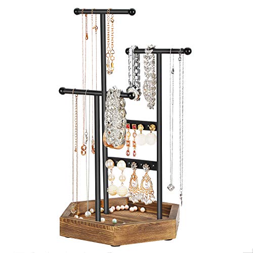 SONGMICS Soporte de Joyas, Expositor de Joyas, Árbol para Joyas de Metal y Madera, para Collares, Pulseras, Pendientes, Anillos, Regalo para Mujeres, Negro JJS03CB