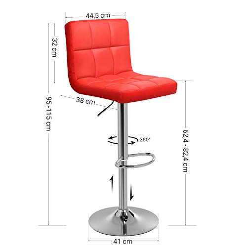 SONGMICS Taburete de Bar Juego de 2, Sillas de Bar Regulables en Altura en Piel Sintética, Taburete de Cocina Giratorio en 360° con Respaldo y Reposapiés, Acero Cromado,  Rojo LJB64RD