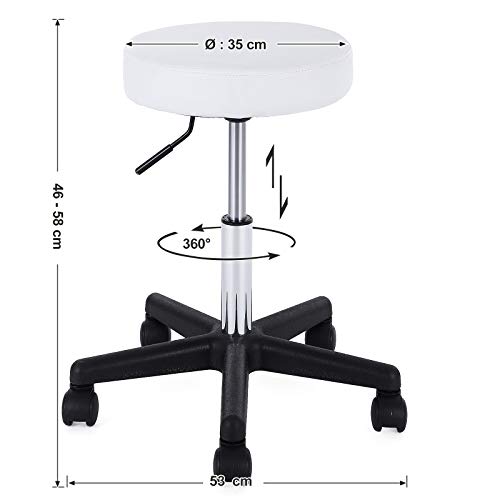 SONGMICS Taburete Giratorio sobre Ruedas, Taburete Rodante Regulable, 46-58 cm, Asiento Tapizado de Cuero Sintético, para Trabajo, Estudio, Oficina, Clínica, Blanco LJB61W SONGMICS Taburete Giratorio sobre Ruedas, Taburete Rodante Regulable, 46-58 cm, Asiento Tapizado de Cuero Sintético, para Trabajo, Estudio, Oficina, Clínica, Blanco LJB61W