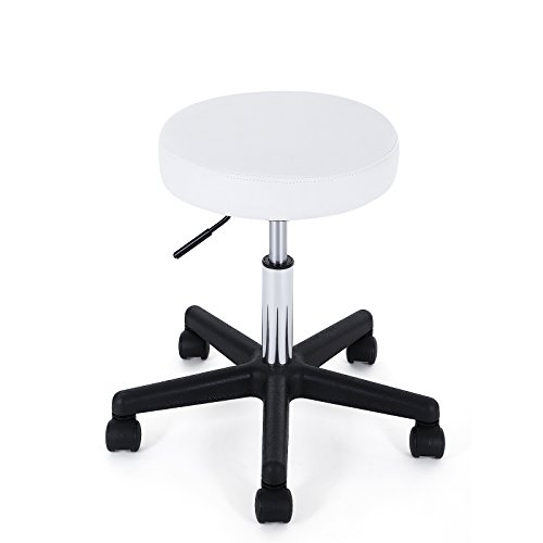 SONGMICS Taburete Giratorio sobre Ruedas, Taburete Rodante Regulable, 46-58 cm, Asiento Tapizado de Cuero Sintético, para Trabajo, Estudio, Oficina, Clínica, Blanco LJB61W