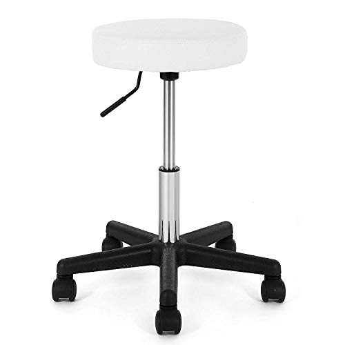 SONGMICS Taburete Giratorio sobre Ruedas, Taburete Rodante Regulable, 46-58 cm, Asiento Tapizado de Cuero Sintético, para Trabajo, Estudio, Oficina, Clínica, Blanco LJB61W