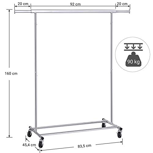 SONGMICS Tendedero con Ruedas, Soporte de Ropa Rodante, 90 kg de Carga, con Riel de Suspensión Extensible, Parte Inferior Abatible, Estante Inferior de Almacenamiento, Plata HSR13S