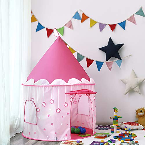 SONGMICS Tienda de campaña Infantil, Carpa Plegable para niños, Casa de Juegos para Interiores y Exteriores, Pop-up portátil Tienda con Bolsa de Transporte, con Estrellas, Rosado, LPT01PK