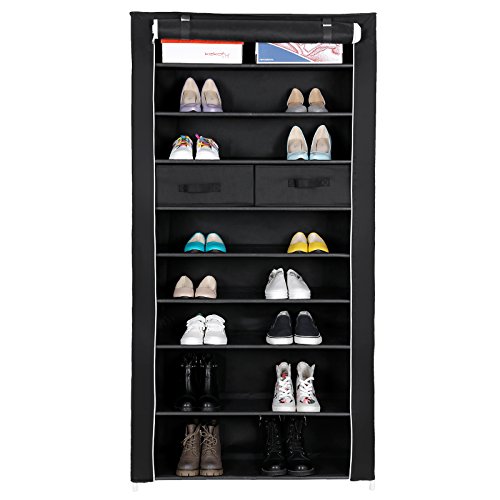 SONGMICS Zapatero de Tela 10 Niveles Organizador con 2 Cajas de Almacenamiento Funda con Cremalleras 88 x 28 x 175 cm Negro RXA10H