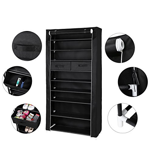 SONGMICS Zapatero de Tela 10 Niveles Organizador con 2 Cajas de Almacenamiento Funda con Cremalleras 88 x 28 x 175 cm Negro RXA10H