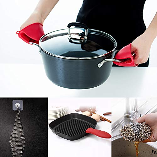 Sonku Limpiador de hierro fundido, kit de limpieza de malla de acero inoxidable de 6 pulgadas para sartenes, sartenes de hierro y wok con soporte de silicona para mango caliente