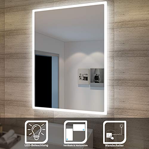 SONNI Espejo de Baño con Luz LED 80x60cm Blanco Frío IP44 Espejo de Pared de Ahorro de Energía