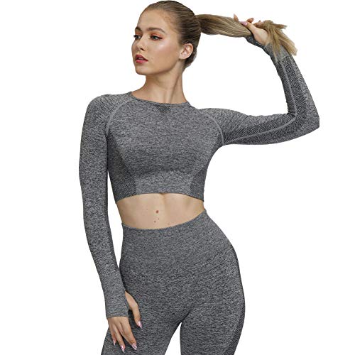 SotRong - Camiseta de manga larga para mujer, sin costuras, para yoga, gimnasio, gimnasio, fitness, entrenamiento, correr, con agujero para el pulgar