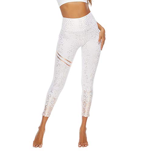 SotRong - Pantalones de yoga para mujer, cintura alta, sin costuras, para gimnasio, control de barriga, elevación de glúteos, brillantes Blanco blanco Small