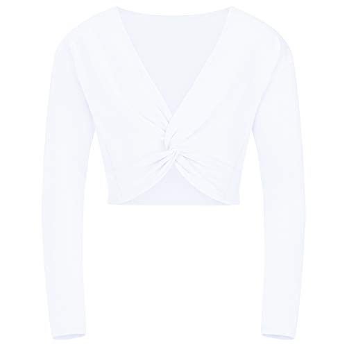 Soudittur Chaqueta de Ballet Cruzada Algodón Top Corto de Ballet Manga Larga para Niña Mujer en Blanco, 135-145 cm