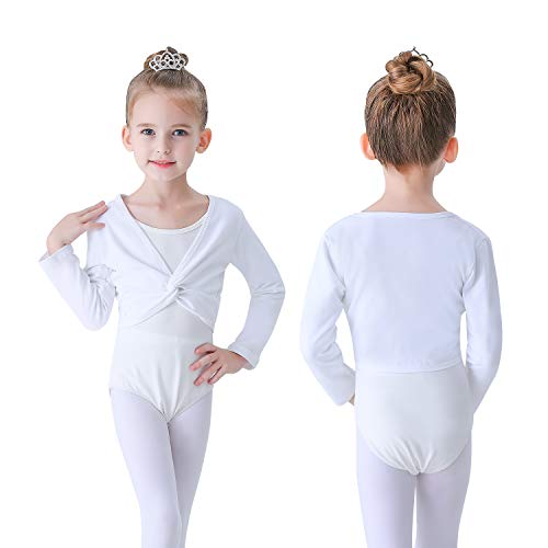 Soudittur Chaqueta de Ballet Cruzada Algodón Top Corto de Ballet Manga Larga para Niña Mujer en Blanco, 135-145 cm