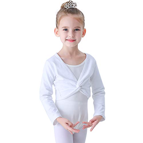 Soudittur Chaqueta de Ballet Cruzada Algodón Top Corto de Ballet Manga Larga para Niña Mujer en Blanco, 135-145 cm