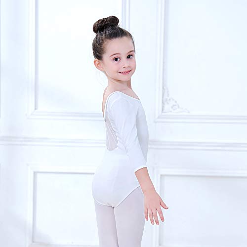 Soudittur Maillot de Ballet Danza Clásico para Niña Manga 3/4 Body Leotardo Gimnasia Ritmica (Blanco, Tag 130(Height: 125-135 cm))