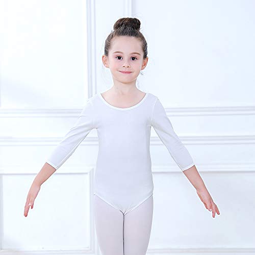 Soudittur Maillot de Ballet Danza Clásico para Niña Manga 3/4 Body Leotardo Gimnasia Ritmica (Blanco, Tag 130(Height: 125-135 cm))