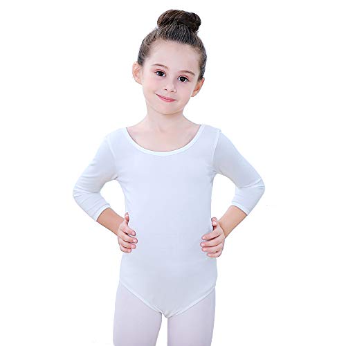 Soudittur Maillot de Ballet Danza Clásico para Niña Manga 3/4 Body Leotardo Gimnasia Ritmica (Blanco, Tag 130(Height: 125-135 cm))