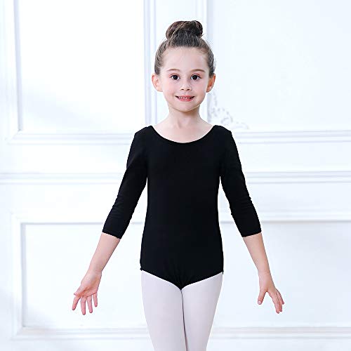 Soudittur Maillot de Ballet Danza Clásico para Niña Manga 3/4 Body Leotardo Gimnasia Ritmica (Negro, Tag 110(Height: 105-115 cm))