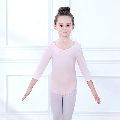 Soudittur Maillot de Ballet Danza Clásico para Niña Manga 3/4 Body Leotardo Gimnasia Ritmica (Rosa, Tag 100 (Height: 95-105 cm))