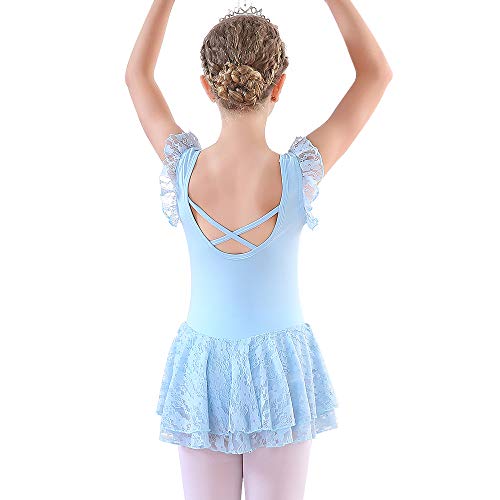 Soudittur Maillot de Ballet Niña Vestido de Danza Baile Tutú Leotardo Algodón Gimnasia Clásico Sin Mangas con Faldas de Encaje en Azul (8-9 Años)
