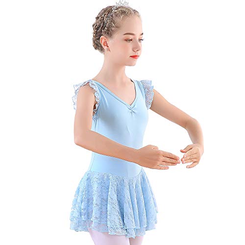 Soudittur Maillot de Ballet Niña Vestido de Danza Baile Tutú Leotardo Algodón Gimnasia Clásico Sin Mangas con Faldas de Encaje en Azul (8-9 Años)