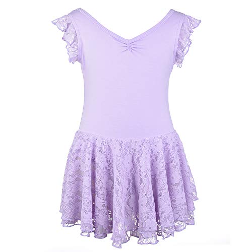 Soudittur Maillot de Ballet Niña Vestido de Danza Baile Tutú Leotardo Algodón Gimnasia Clásico Sin Mangas con Faldas de Encaje en Morado (10-11 Años)