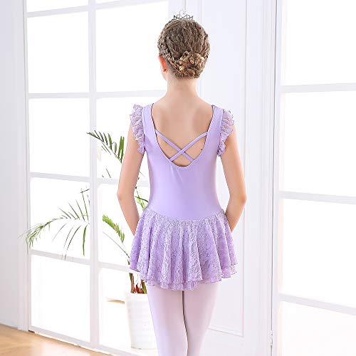 Soudittur Maillot de Ballet Niña Vestido de Danza Baile Tutú Leotardo Algodón Gimnasia Clásico Sin Mangas con Faldas de Encaje en Morado (10-11 Años)