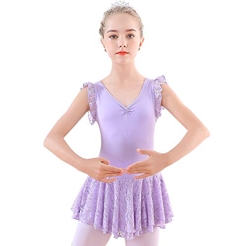 Soudittur Maillot de Ballet Niña Vestido de Danza Baile Tutú Leotardo Algodón Gimnasia Clásico Sin Mangas con Faldas de Encaje en Morado (10-11 Años)