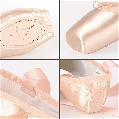 Soudittur Zapatillas de Ballet de Punta Pointe Zapatos Satén con Puntera de Gel de Silicona y Cintas para Niñas Rosa EU 34