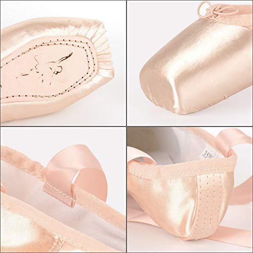 Soudittur Zapatillas de Ballet de Punta Pointe Zapatos Satén con Puntera de Gel de Silicona y Cintas para Niñas Rosa EU 36