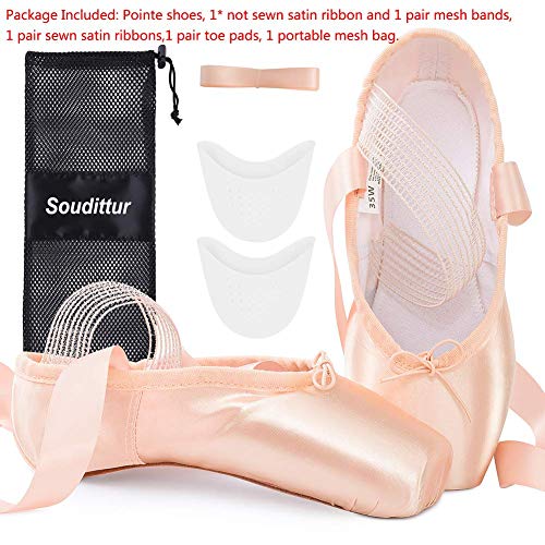 Soudittur Zapatillas de Ballet de Punta Zapatos Satén Puntas de Ballet con Puntera de Gel de Silicona y Cintas para Niñas y Mujeres Rosa EU36 (por Favor Seleccione una Talla más Grande)