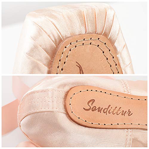 Soudittur Zapatillas de Ballet de Punta Zapatos Satén Puntas de Ballet con Puntera de Gel de Silicona y Cintas para Niñas y Mujeres Rosa EU39 (por Favor Seleccione una Talla más Grande)