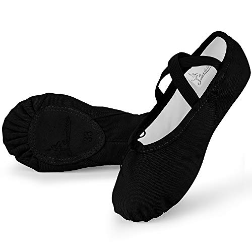 Soudittur Zapatillas Media Punta de Ballet - Calzado de Danza para Niña y Mujer Adultos Negras Suela Partida de Cuero Tallas 23