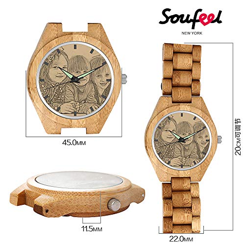 SOUFEEL Reloj Madera Personalizado Foto y Grabado Punteros Luminosos Cuarzo Regalo Personalizado para Familia Hombre Mujer Amigo Pareja