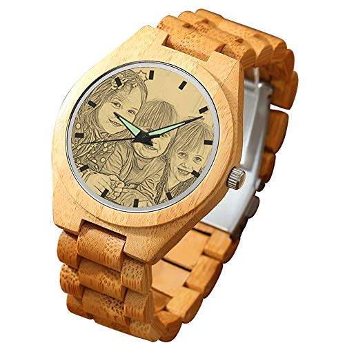 SOUFEEL Reloj Madera Personalizado Foto y Grabado Punteros Luminosos Cuarzo Regalo Personalizado para Familia Hombre Mujer Amigo Pareja