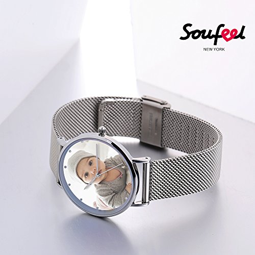 SOUFEEL Reloj Personalizado Foto y Grabado Caracteres Analógico de Cuarzo de Pulsera Malla De Banda Plata Impermeable Ultra-delgada Clásico Regalo para Familia Mujer Novia Bebe Nuevo con Caja Elegante