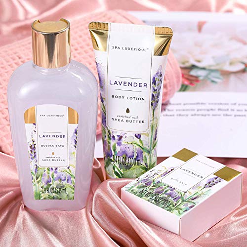 Spa Luxetique Set de Spa para el Hogar a Lavanda, Set de Regalo de Baño con Bañera, Regalos Pequeños para Mujer, Set de Baño y Ducha con 8 Piezas, Incluye Gel de Ducha, Baño de Burbujas