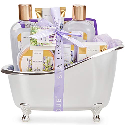 Spa Luxetique Set de Spa para el Hogar a Lavanda, Set de Regalo de Baño con Bañera, Regalos Pequeños para Mujer, Set de Baño y Ducha con 8 Piezas, Incluye Gel de Ducha, Baño de Burbujas