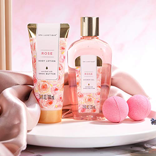 Spa Luxetique Set de Spa para el Hogar a Rosa, Set de Regalo de Baño, Regalos Pequeños para Mujer, Set de Baño y Ducha con 8 Piezas,Incluye Loción Corporal,Manteca Corporal, Bombas de Baño