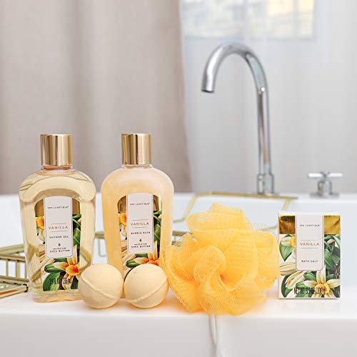 Spa Luxetique Set de Spa para el Hogar a Vainilla,Set de Regalo de Baño con Bañera,Regalos Pequeños para Mujer,Set de Baño y Ducha con 8 Piezas, Incluye Gel de Ducha, Baño de Burbujas, Esponja de Baño