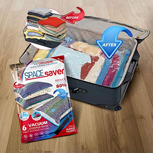 Space Saver - Bolsa de Almacenamiento al vacío Reutilizable, Extragrande, 6 Unidades, Cremallera Doble y válvula de Salida, Incluye Bomba de Viaje, incoloro, Jumbo - 6 Pack Space Saver - Bolsa de Almacenamiento al vacío Reutilizable, Extragrande, 6 Unidades, Cremallera Doble y válvula de Salida, Incluye Bomba de Viaje, incoloro, Jumbo - 6 Pack