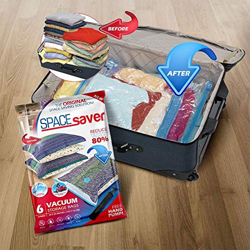 Space Saver - Bolsa de Almacenamiento al vacío Reutilizable, Extragrande, 6 Unidades, Cremallera Doble y válvula de Salida, Incluye Bomba de Viaje, incoloro, Jumbo - 6 Pack