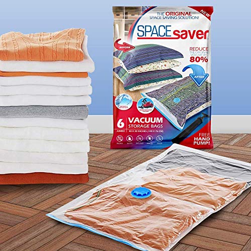 Space Saver - Bolsa de Almacenamiento al vacío Reutilizable, Extragrande, 6 Unidades, Cremallera Doble y válvula de Salida, Incluye Bomba de Viaje, incoloro, Jumbo - 6 Pack