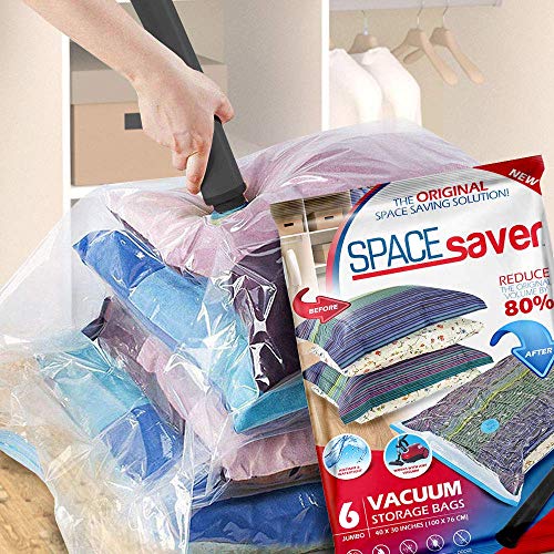 Space Saver - Bolsa de Almacenamiento al vacío Reutilizable, Extragrande, 6 Unidades, Cremallera Doble y válvula de Salida, Incluye Bomba de Viaje, incoloro, Jumbo - 6 Pack