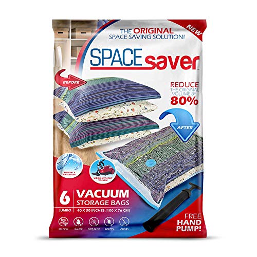 Space Saver - Bolsa de Almacenamiento al vacío Reutilizable, Extragrande, 6 Unidades, Cremallera Doble y válvula de Salida, Incluye Bomba de Viaje, incoloro, Jumbo - 6 Pack Space Saver - Bolsa de Almacenamiento al vacío Reutilizable, Extragrande, 6 Unidades, Cremallera Doble y válvula de Salida, Incluye Bomba de Viaje, incoloro, Jumbo - 6 Pack