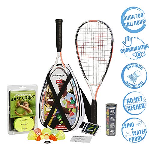 Speedminton S900 Set-Velocidad Original Badminton/crossminton Profesional con 2 Raquetas de Carbono Incl. 5 Speeder, Campo de Juego, Bolsa, Rot/Weiß/Grau