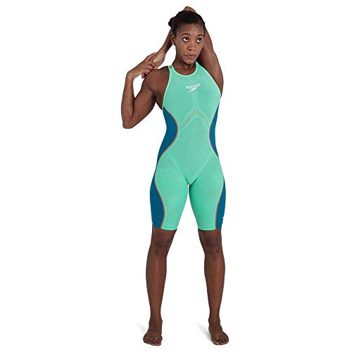 Speedo Fastskin LZR Pure Intent Openback Kneeskin Traje de baño, Mujer, Green Glow/Nordic Teal/Rose Gold/White, 23