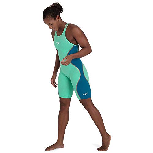 Speedo Fastskin LZR Pure Intent Openback Kneeskin Traje de baño, Mujer, Green Glow/Nordic Teal/Rose Gold/White, 23